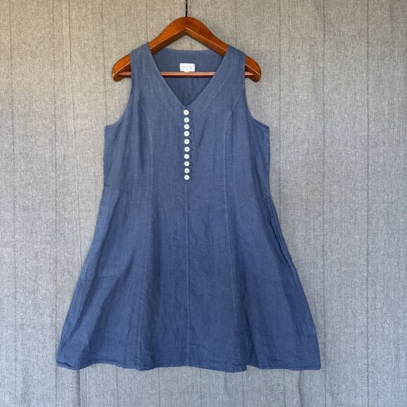 Mosaic USA Blue Linen Mother of Pearl Buttons Sleeveless Shift Midi Dress Size M - Picture 1 of 10